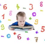 scattered numbers on a picture of a boy reading a book