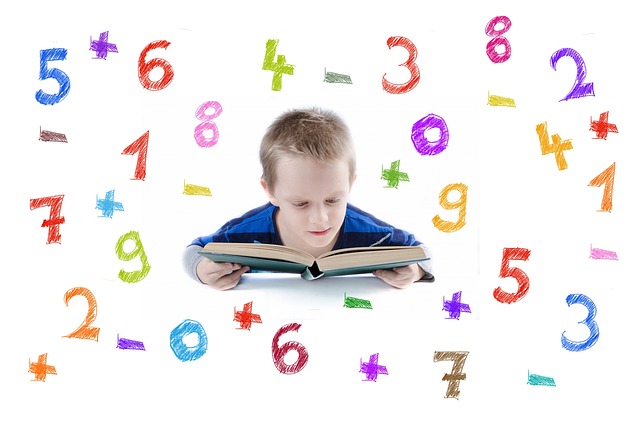 scattered numbers on a picture of a boy reading a book