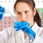 woman working in science lab with element table background