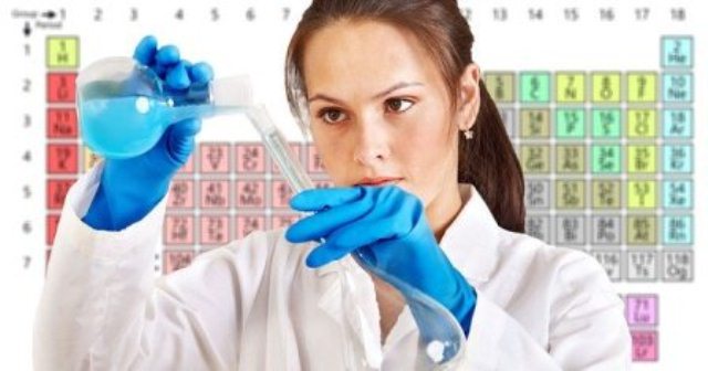 woman working in science lab with element table background