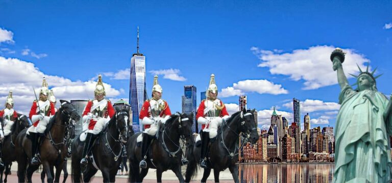 Men in traditional UK clothing riding horses, representing Linguapress