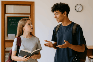 Two high school students, Anna and Leo, talk in a classroom hallway. Anna holds a notebook and listens attentively while Leo gestures and explains something. The scene includes classroom elements like a teacher’s desk, a laptop, and a math book, visually supporting their conversation about prepositions of place, time, and movement.