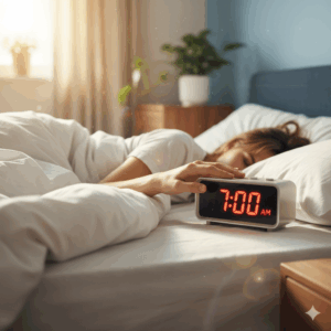 Daily routines: Young woman turning off a digital alarm clock that reads '7:00 AM' while lying in bed.