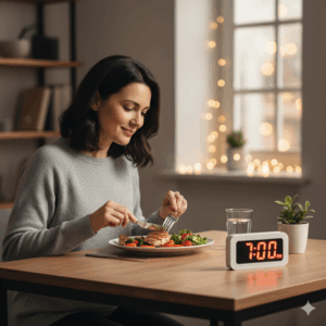 Daily routines: Woman smiling as she eats dinner at a table with a small clock nearby showing '7:00 PM.'