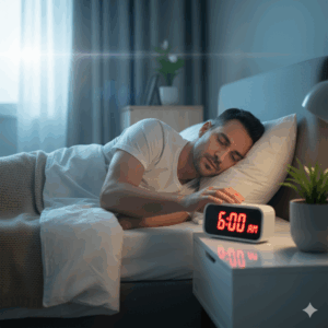 Daily routines: Man's hand reaching to silence a digital clock that reads '6:00 AM' for his early wake-up.