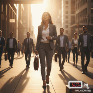 Daily routines: Person walks out office,down a populous street, as an analog clock shows 5:00 p.m.