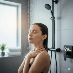 Daily routines: Person standing under a showerhead with water running, taking a morning shower.
