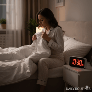 Daily routines: A person pulling a blanket up to their chin in bed, with a digital clock on the bedside table showing 10:30 p.m.