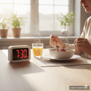 Daily routines: A person eating cereal or toast at a kitchen table with a clock showing 7:30 a.m. in the background.