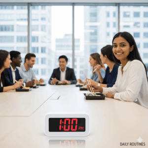 Daily routines: Person eating a healthy lunch (like a salad or sandwich) at a desk or table, with a clock showing 1:00 p.m.