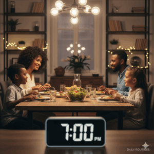 Daily routines: A family (adults and children) sitting together at a dining table, sharing a meal in the evening.