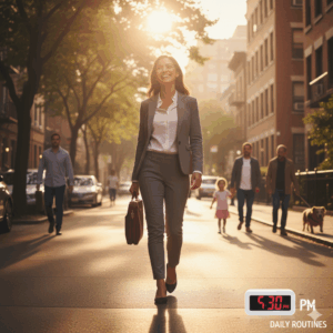 Daily routines: Person walking away from an office building towards a residential area or house after finishing work.