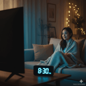 Daily routines: Person relaxing on a sofa in the dark, watching television in the evening.