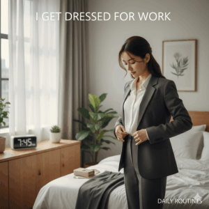 Daily routines: Person standing in front of an open closet or mirror, putting on professional clothes for work.