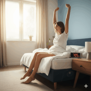 A woman stretches while sitting on the edge of her bed. A blue alarm clock on the bedside table shows 7:05 a.m. She looks relaxed and ready to start her day.