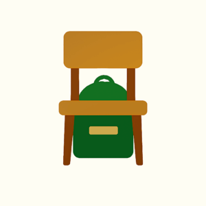 ESL teaching image showing a green backpack placed behind a brown classroom chair to illustrate the English preposition “behind.” Designed for beginner learners and digital curriculum use.