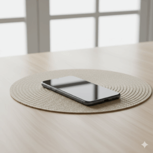 A celphone on a table, illustarting the preoposition "on."