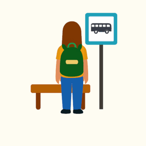 ESL teaching image showing a student standing at a bus stop to illustrate the English preposition “at.”