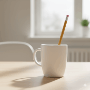 A pencil in a cup, illustrating the use of the preposition "in."