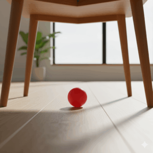 Instructional image for teaching the English preposition “under.” It shows an red ball placed beneath a brown table.