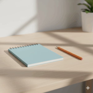 A pencil next to a notebook, illustrating the use of English prepositions.