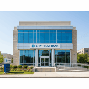 The interior of a bank lobby with counters, tellers, and a few customers waiting in a clean, professional environment.
