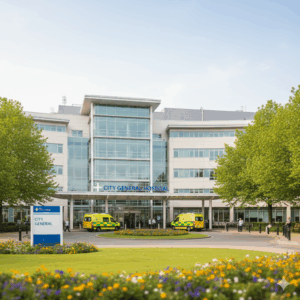The exterior view of a large, modern hospital building with many windows and an entrance driveway.