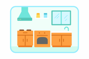 Illustration of a kitchen interior with a stove, sink, fridge, and table, used to support the ESL topic “My Home – Rooms and Furniture.”
