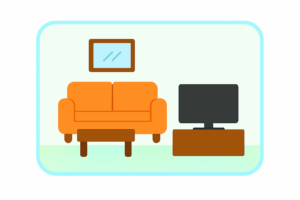 llustration of a living room interior with a sofa, coffee table, and TV, used to support the ESL topic “My Home – Rooms and Furniture.”