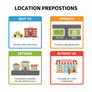 A simple town map illustration showing four key prepositions: 'next to' (e.g., a car parked immediately beside a tree), 'opposite' (e.g., a bookstore facing a park across the street), 'between' (e.g., a house located with a cafe on one side and a school on the other), and 'in front of' (e.g., a person standing directly before the entrance of a supermarket).