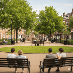 A calm public park scene with green grass, tall trees, and a clear paved path leading through the space.