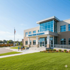 The exterior of a traditional school building with large windows and a playground or athletic field in front.