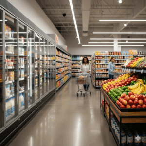 A wide aisle in a supermarket with shelves of food and fresh produce in the foreground.