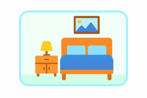 Illustration of a bedroom interior with a bed, nightstand, and lamp, used to support the ESL topic “My Home – Rooms and Furniture.”
