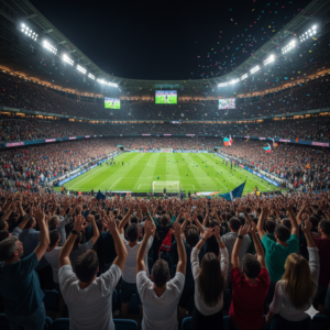 ESL grammar visual for English A2 level: A crowded sports stadium with excited fans cheering, used to practice the plural past tense 'were' and collective nouns.