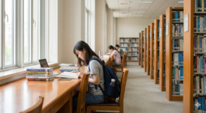 ESL grammar visual for English A2 level: A student studying alone in a quiet, modern library, used to practice the singular past tense 'was' and descriptive adjectives.