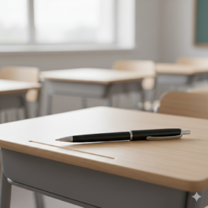 A simple illustration of a blue ballpoint pen with a cap, used to visually represent the common classroom vocabulary word "pen."