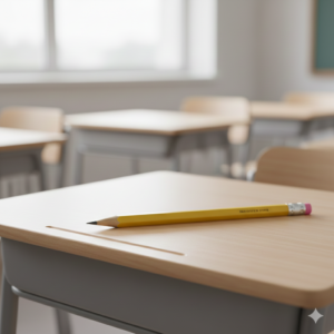 A simple, single illustration of a sharpened yellow pencil with a pink eraser, used to visually represent the classroom vocabulary word "pencil."