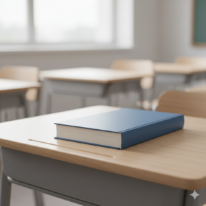 A simple illustration of a thick, closed book with a colorful cover, representing the common classroom object "book."