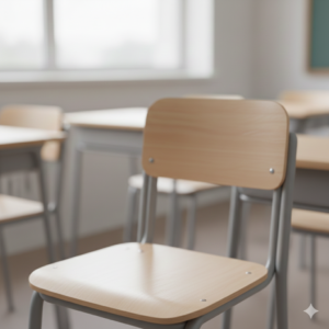 A simple illustration of a wooden classroom chair with a backrest and four legs, used to visually represent the common classroom vocabulary word "chair."