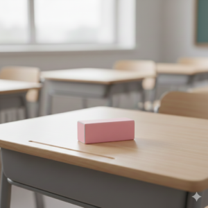 A simple, rectangular illustration of a pink eraser, used to visually represent the common classroom vocabulary item "eraser."