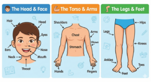 A colorful educational infographic for English learners titled "Parts of the Body," divided into three vertical sections. The first section, "The Head & Face," features a boy's face with labels for Hair, Head, Eyes, Ears, Nose, Mouth, Neck, and Throat. The second section, "The Torso & Arms," shows a male upper body with labels for Shoulders, Chest, Stomach, Arms, Elbows, Hands, and Fingers. The third section, "The Legs & Feet," shows lower limbs with labels for Hips, Legs, Knees, Ankles, Feet, and Toes. Each section has a distinct header color (blue, orange, and green) and matching icons.