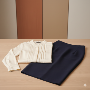 A real photo of a professional cream-colored blouse with pleated detail and a navy blue pencil skirt. This image provides a clear example of formal office wear for the lesson, helping students practice the Present Continuous: "She is wearing a blouse and skirt to the office today.