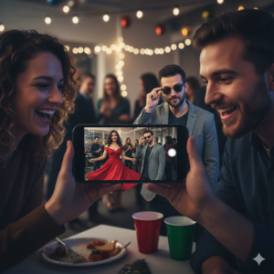A candid, high-quality photo showing two friends laughing while looking at a smartphone screen. The screen displays a picture from an office party featuring Sarah, who is wearing a vibrant red evening dress, and Mark, who is wearing a gray blazer and dark sunglasses indoors. The background is softly blurred with festive party lights, perfectly capturing the context of the dialogue: "He is wearing them because he thinks he looks cool!"