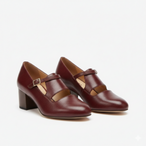 A clear photo of professional burgundy leather heels with a sturdy block heel and a stylish strap. This image represents formal footwear, helping students learn to describe complete outfits: "She is wearing elegant dress shoes for her presentation.
