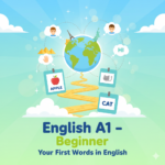 This vibrant and friendly digital illustration depicts the start of an educational journey for an English A1 – Beginner course. Set against a cheerful, light blue sky with sunburst rays and soft white clouds, a winding yellow path leads upward toward a central globe. The path is dotted with simple vocabulary flashcards featuring an apple, a cat, and the word "HI," representing the foundational building blocks of the language. Surrounding the globe are various world landmarks and smiling characters in speech bubbles, symbolizing the global connection that comes with learning English. The bottom of the image features clean, bold typography reading "English A1 – Beginner" followed by the welcoming tagline, "Your First Words in English."