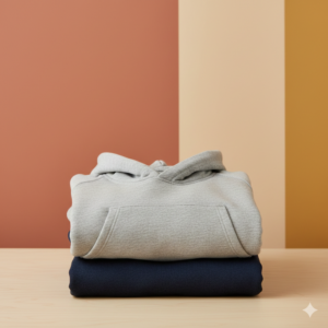 A real photo of a folded light gray hoodie with a front pocket, sitting on top of a dark navy sweatshirt. This image is used to teach casual weekend attire, perfect for practicing: "He is wearing a hoodie because it is a relaxing Sunday."