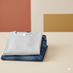 A high-quality photo of a folded gray T-shirt resting on top of a pair of blue denim jeans. This image illustrates the "Casual (Weekend)" vocabulary section, helping students practice descriptions like: "On Saturdays, I am wearing jeans and a T-shirt."
