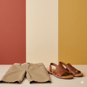 A clear photo of a pair of khaki chino shorts laid flat next to a pair of brown leather sandals. By showing the leg openings of the shorts, the image clearly distinguishes them from long pants, making it an ideal teaching tool for summer vocabulary: "In the summer, I am wearing shorts and sandals because it is hot."