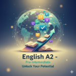 A vibrant digital illustration featuring a glowing globe connected by a network of communication icons, representing the global reach of language. A stylized blue arrow curves upward toward the globe, carrying open books that symbolize the progressive journey of learning. The design uses a professional teal and gold color palette with the prominent text "English A2 - Pre-Intermediate | Unlock Your Potential" centered at the bottom, creating an inspirational and modern visual for an educational course.